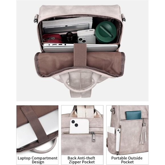 Women's Dark Gray Retro Style Backpack Designer 15.6 inch PU Leather Laptop Bag - Picture 2 of 10